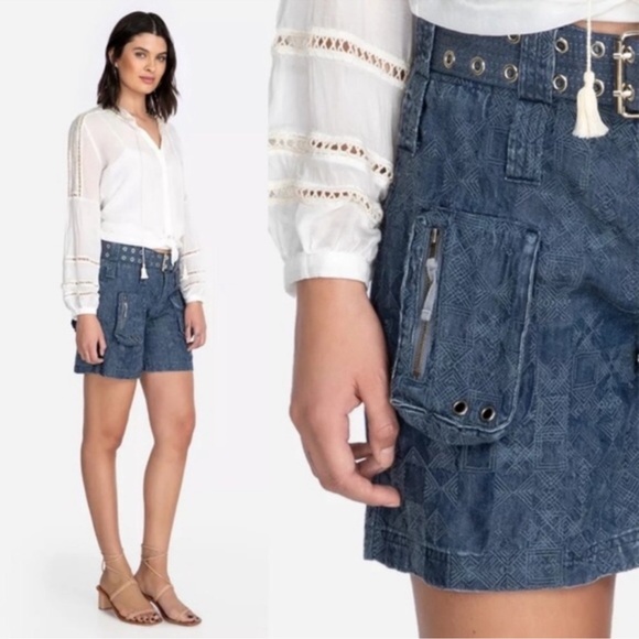 Johnny Was Pants - Johhny Was Zuma Embroidered Cargo Denim Shorts with Belt Lyocell‎ Size 12